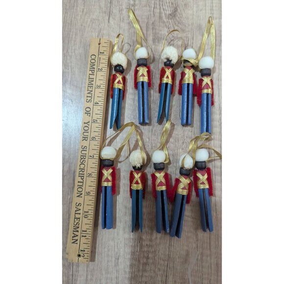Set Of 10 Handmade Nutcracker Soldier Clothespin Ornaments With Gold Ribbon Hang - Picture 5 of 8